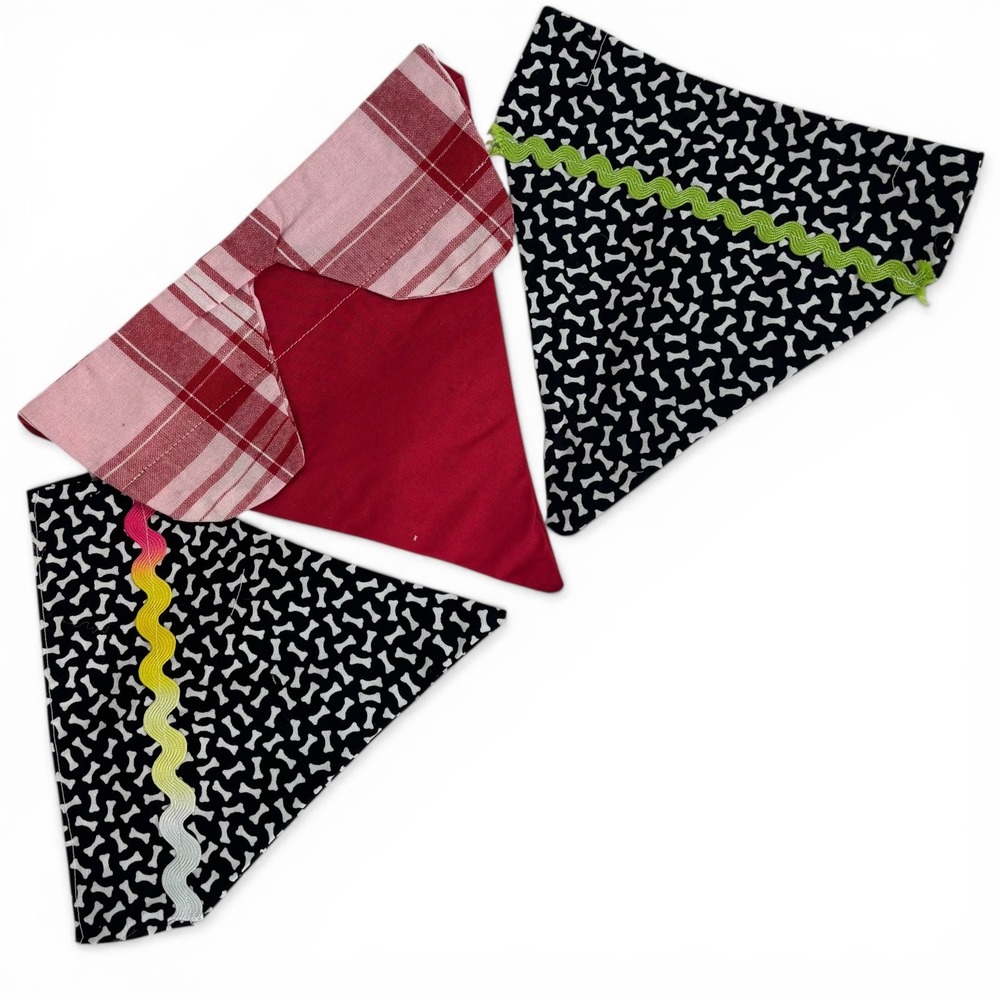 Handmade Dog Bandana Set‎ of 3 Pink Plaid Collar & Paws Print Rickrack Trim Sz L